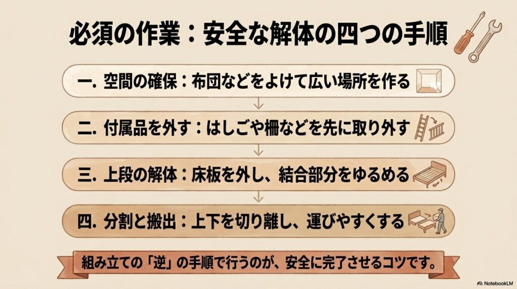 二段ベッドを安全に解体するための4つの具体的な手順とコツを説明しています。
