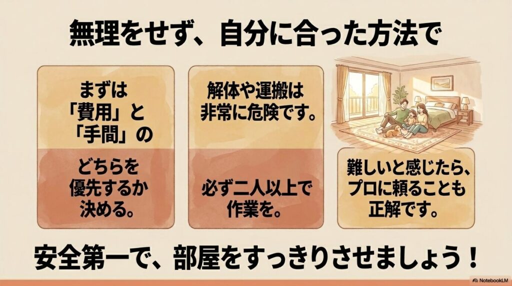 費用や手間の優先順位を考え、安全第一で自分に合った方法を選ぶようまとめています。