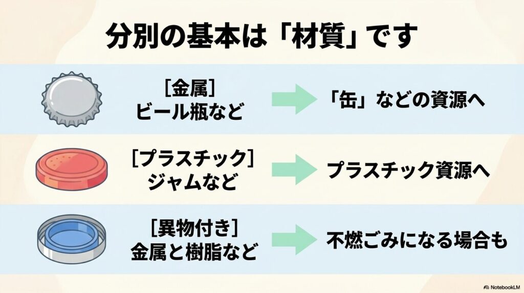 分別の基本は材質であることを説明し、金属、プラスチック、異物付きの各キャップの出し方を示しています。