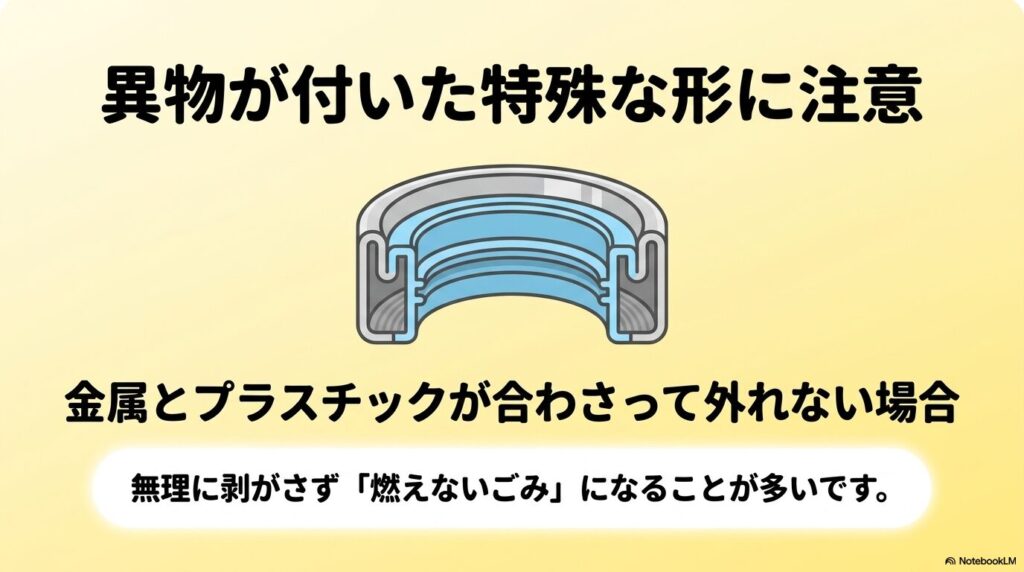 金属とプラスチックが一体化して外せない特殊な形のキャップは、無理に剥がさず「燃えないごみ」として出す。