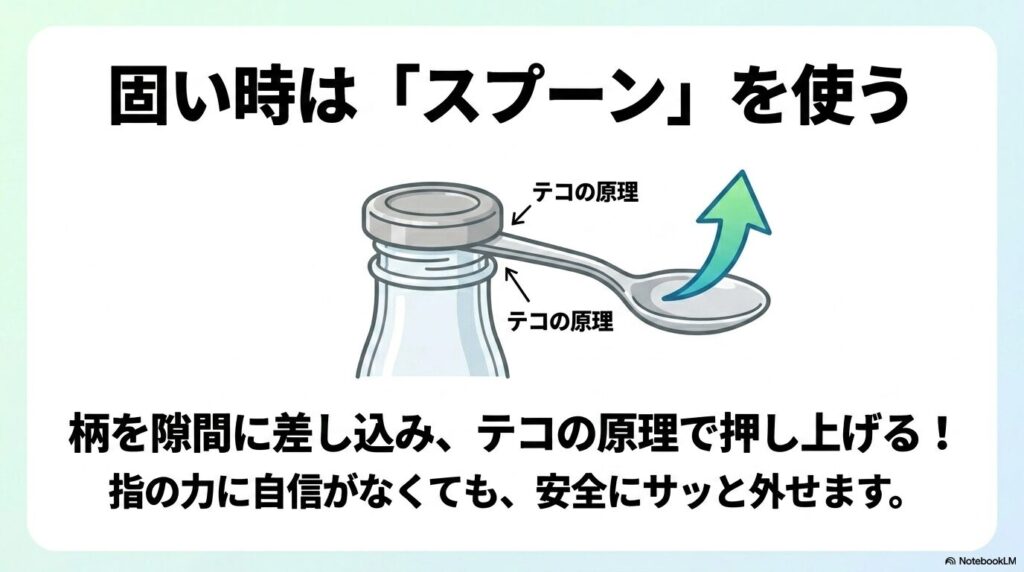 瓶のキャップが固い場合は、スプーンの柄を差し込みテコの原理を使って外す方法を紹介。