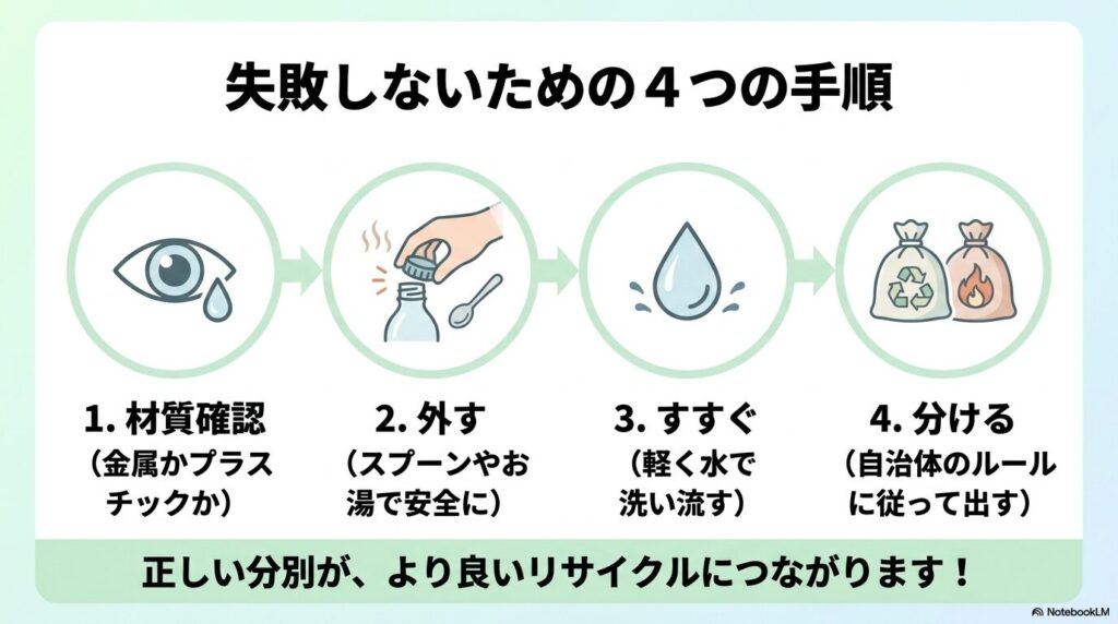 瓶の正しい分別の4つの手順：材質確認、外す、すすぐ、分けるをまとめたスライド。