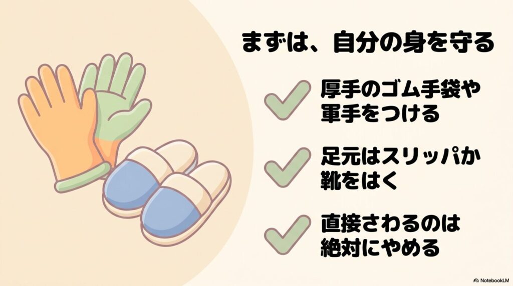 割れた鏡を片付ける際に、怪我を防ぐための服装と直接触れないことの重要性を説明するスライド。