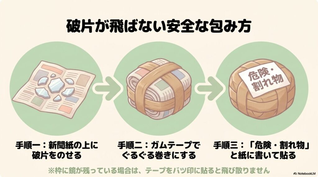 鏡の破片を新聞紙とテープで包み、注意書きを貼るという安全な梱包手順を3つのステップで紹介する図解。
