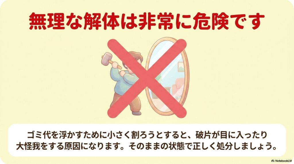 処分費用を節約するために鏡を無理に細かく解体することの危険性と、そのまま処分することを勧める警告。