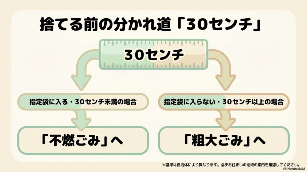 鏡のサイズ30センチを境に、不燃ごみと粗大ごみのどちらに分類されるかを判別する基準を示す図解。