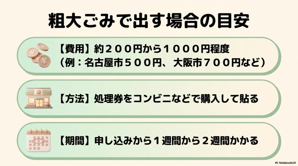 粗大ごみとして鏡を出す場合の、費用の目安、処理券の購入方法、および処分の申し込みから完了までの期間。