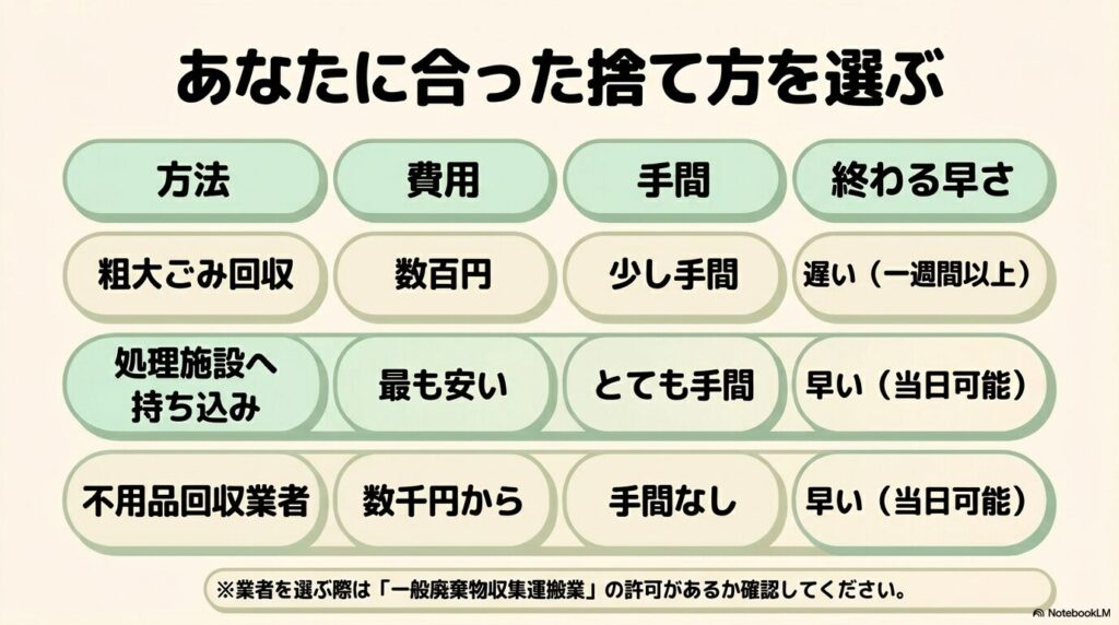 自治体回収、施設への持ち込み、不用品回収業者の3つの処分方法を費用や手間の観点から比較した表。