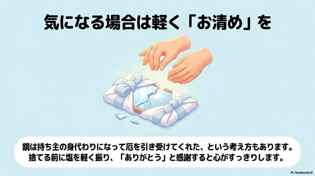 鏡を処分する際に、感謝の気持ちを込めて塩で清めるというスピリチュアルな配慮についてのアドバイス。