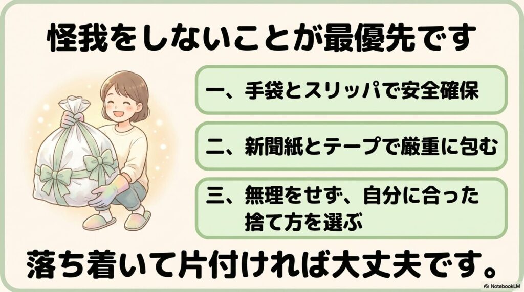 手袋の使用、厳重な梱包、適切な処分方法の選択という、安全に片付けるための3つの要点のまとめ。