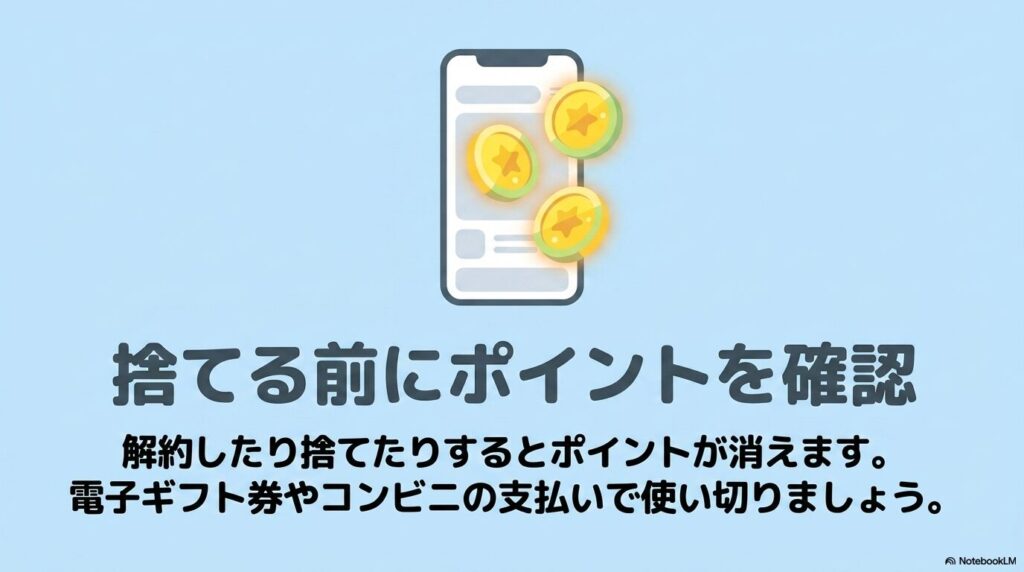 カードを処分する前に、ポイントが失効しないよう使い切ることを推奨。