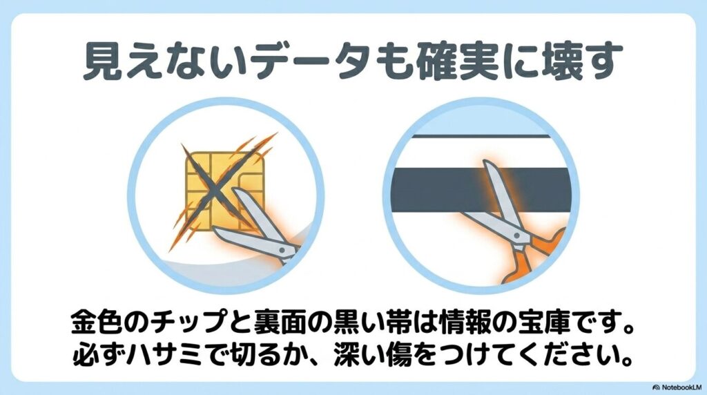 ICチップや磁気ストライプなどの「見えないデータ」を物理的に破壊することの重要性。