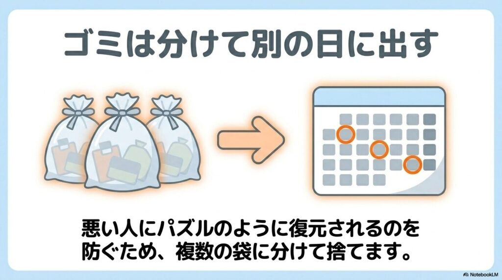 悪意のある復元を避けるため、ゴミを複数の袋に分け、別の日時に出すことの推奨。