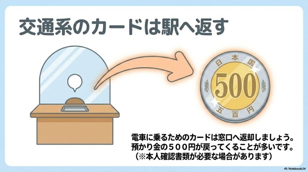 交通系ICカードは駅の窓口に返却し、デポジットを受け取る方法についての案内。