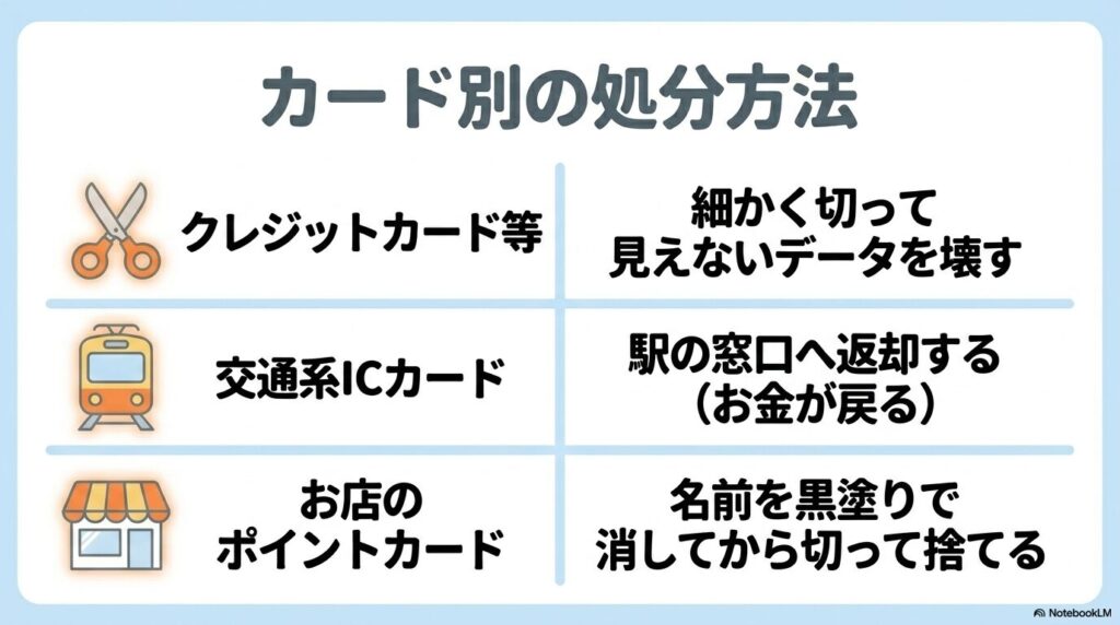 クレジットカード、交通系ICカード、ポイントカードそれぞれの適切な処分方法のまとめ。