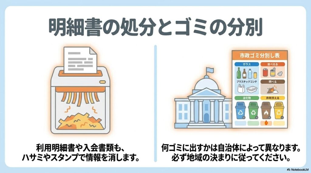 利用明細書の個人情報抹消と、自治体のルールに従ったゴミ分別の徹底について。