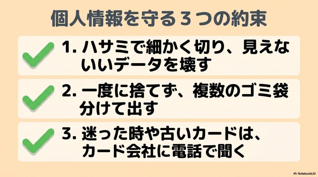 個人情報を守るための3つの重要な約束（裁断、分散廃棄、不明時の相談）のまとめ。