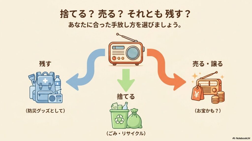 ラジオを「残す」「捨てる」「売る・譲る」の3つの選択肢から選ぶためのフローチャート。