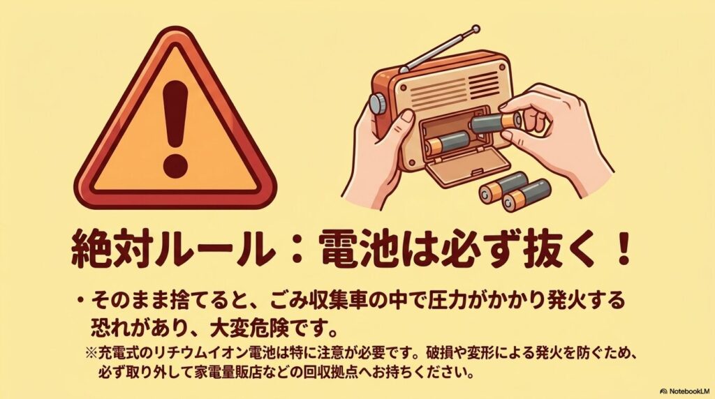 ラジオを捨てる前に必ず電池を抜くよう警告する「絶対ルール」の解説スライド。