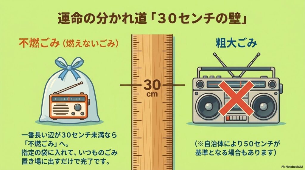 ラジオのサイズが30cm未満なら不燃ごみ、30cm以上なら粗大ごみになるという基準の解説。
