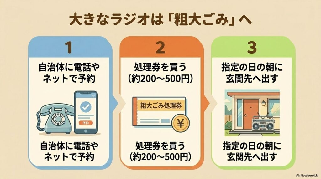 粗大ごみとしてラジオを出すための「予約」「処理券購入」「搬出」の3ステップの解説。