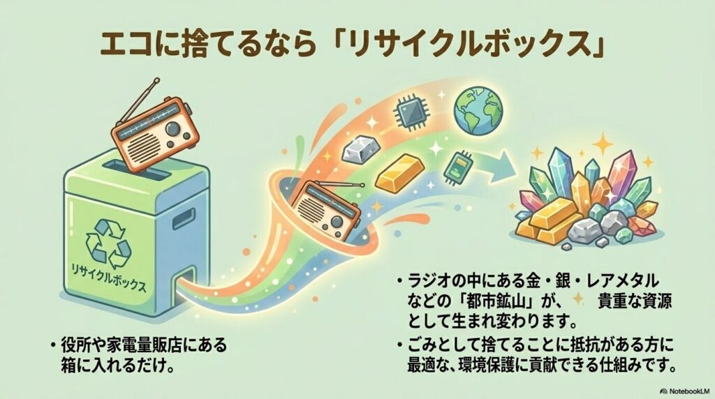 役所や家電量販店にあるリサイクルボックスを利用し、ラジオを資源として再利用する提案。