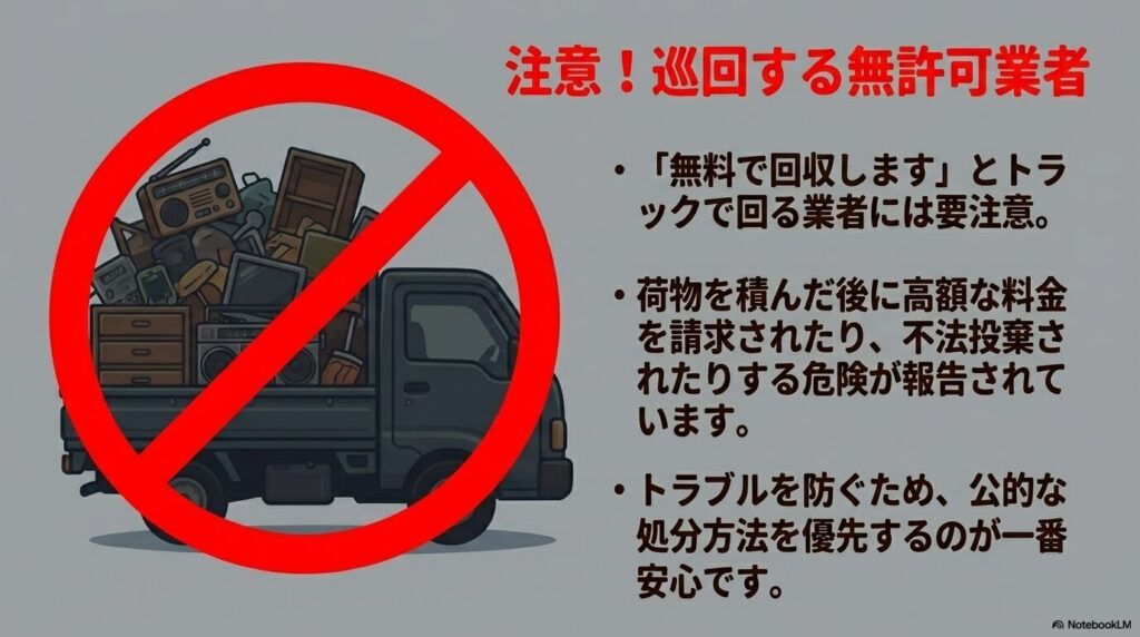 無料回収を謳ってトラックで巡回する無許可業者とのトラブルに注意を促す警告。