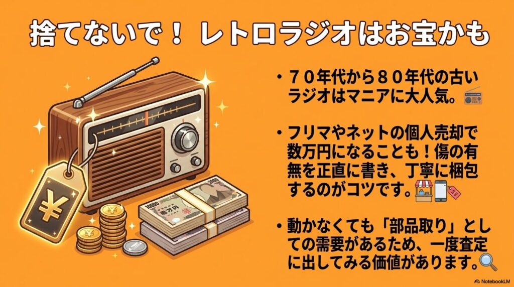 70〜80年代のレトロなラジオはマニアに人気があり、高値で売れる可能性があることの紹介。