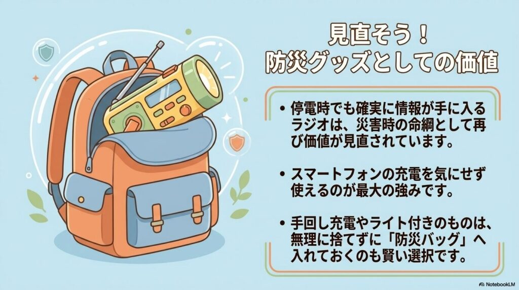 停電時でも情報源となるラジオを、捨てずに防災バッグに入れておく活用の提案。