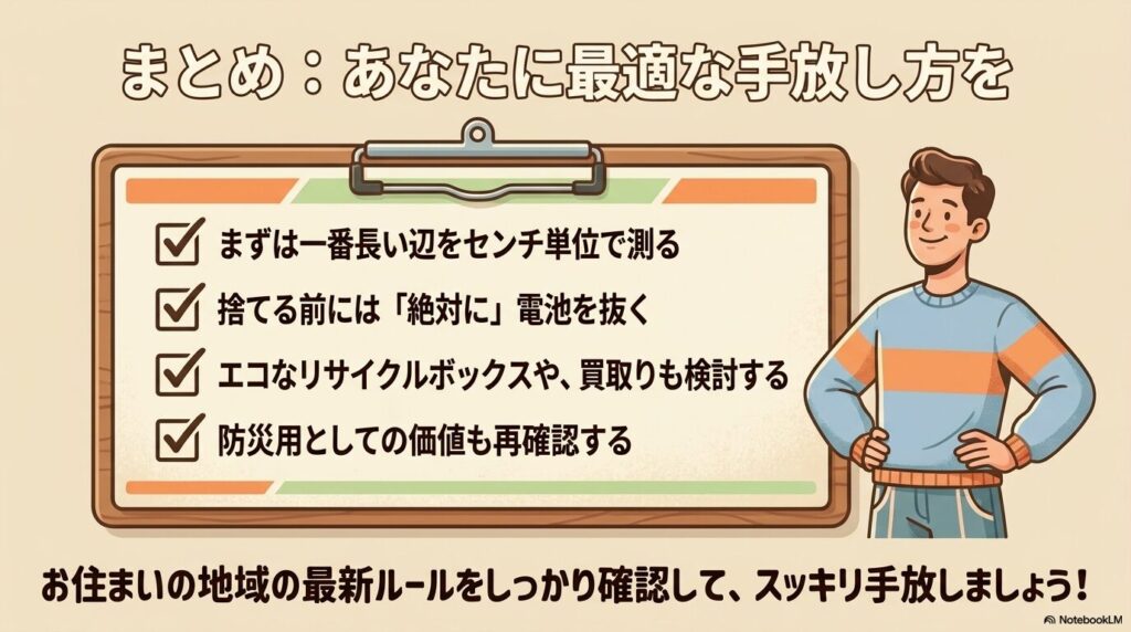 ラジオの手放し方のポイントをまとめたチェックリストと、地域のルール確認の促し。