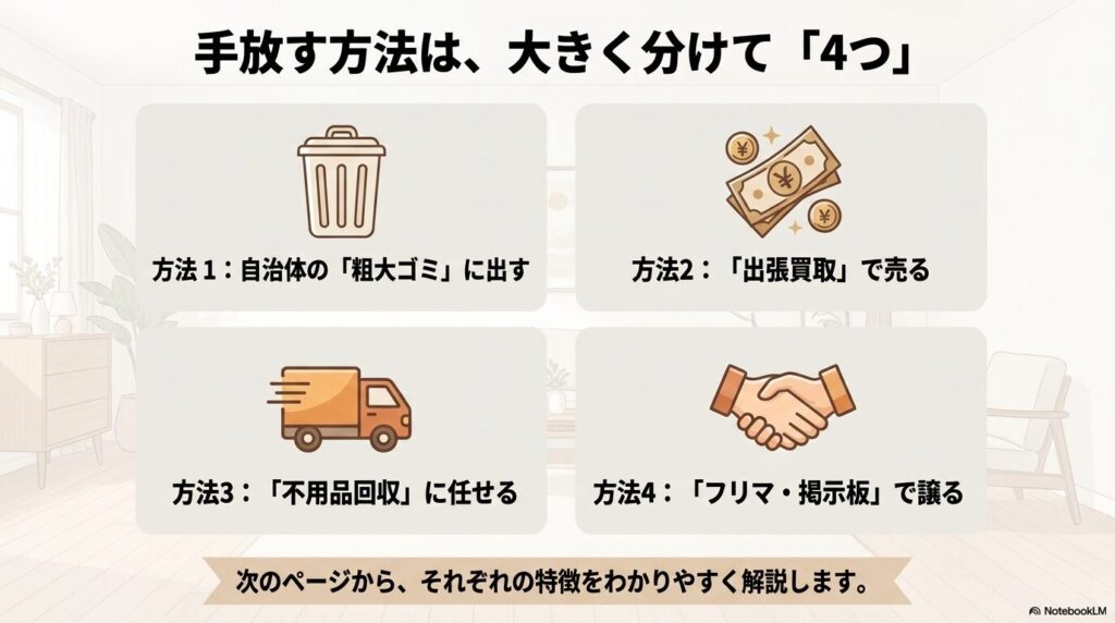 ルームランナーを手放す4つの主要な方法（粗大ゴミ、出張買取、不用品回収、個人売買）の概要。