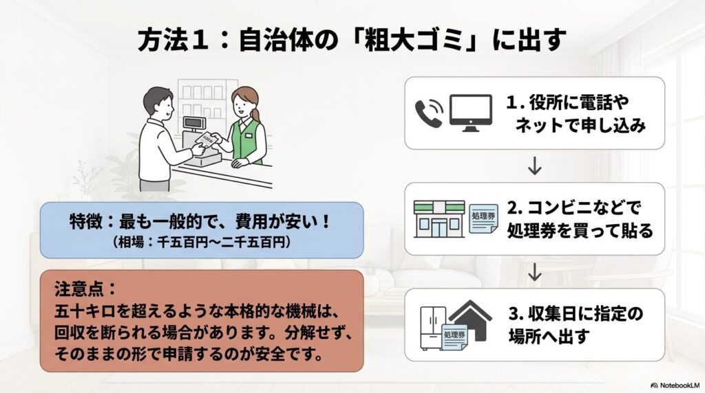 自治体の粗大ゴミとして出す方法の手順と、安価な費用相場、注意点を紹介。
