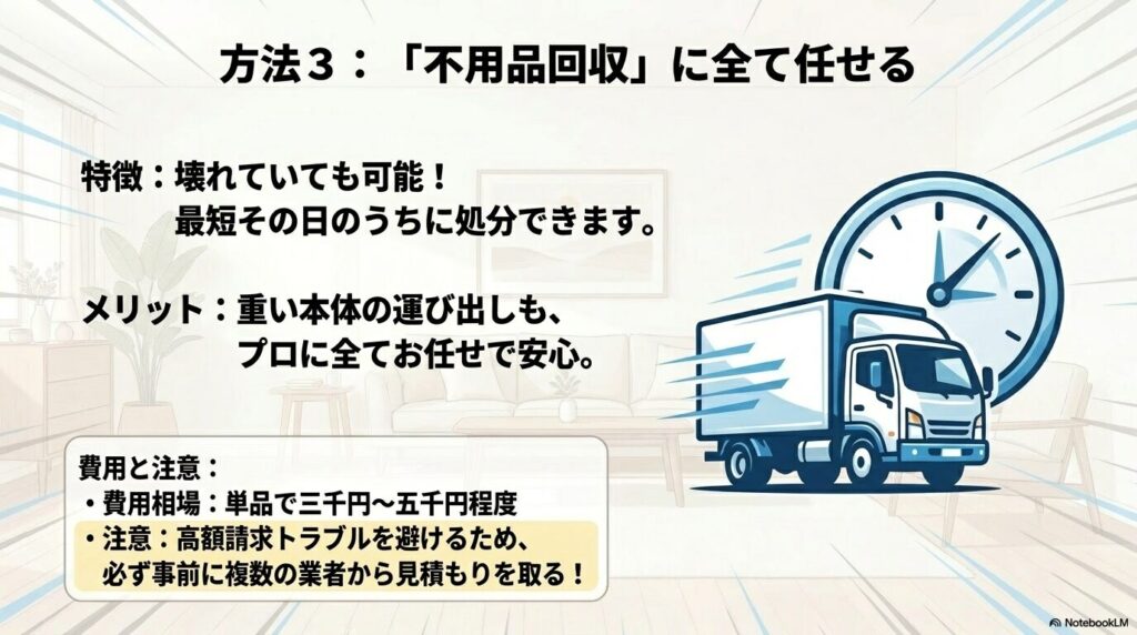 不用品回収業者に依頼するメリット、最短即日のスピード感、費用相場と注意点。
