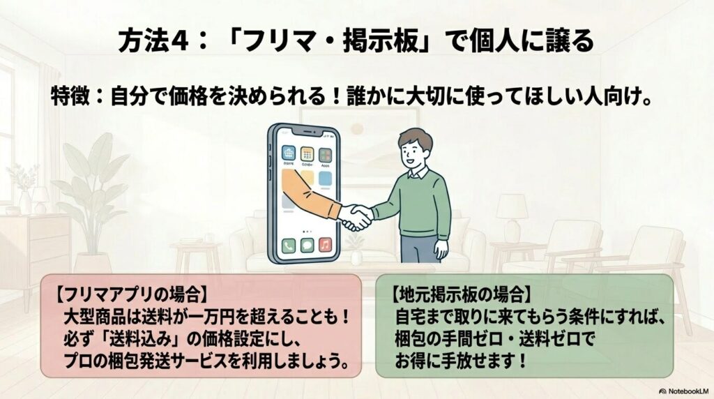 フリマアプリや地元掲示板を利用した個人間取引のポイントと、送料や梱包の手間に関する助言。