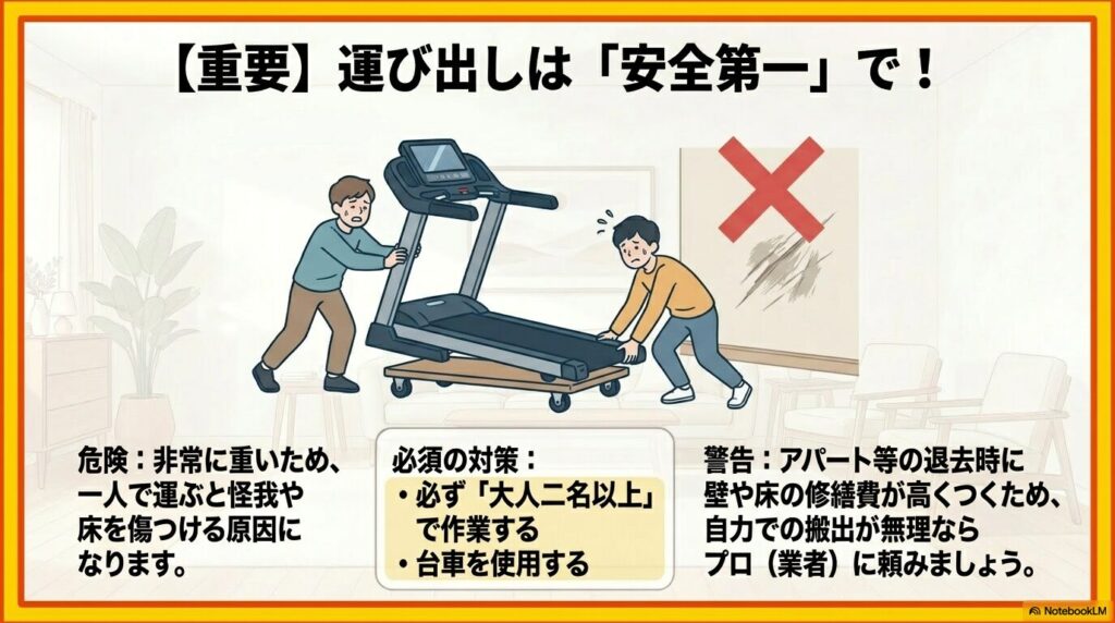 ルームランナーを運び出す際の怪我や住宅の損傷を防ぐための、安全対策と注意点。