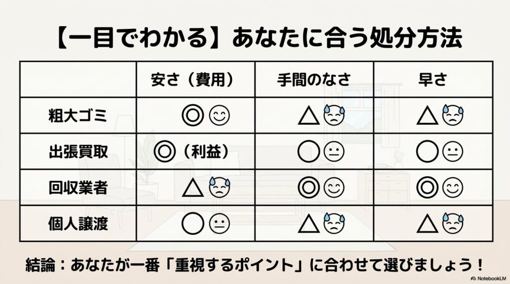 4つの処分方法を、安さ・手間の少なさ・早さの3項目で比較した一覧表。