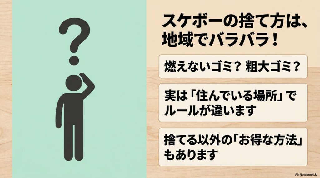 地域によって異なるスケボーのゴミ分別ルールや、捨てる以外のお得な処分方法の存在を伝えるスライド。