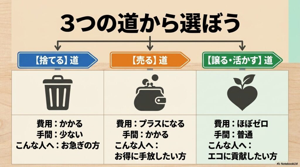 捨てる・売る・譲るの3つの方法を、費用、手間、向いている人の観点から比較した表。