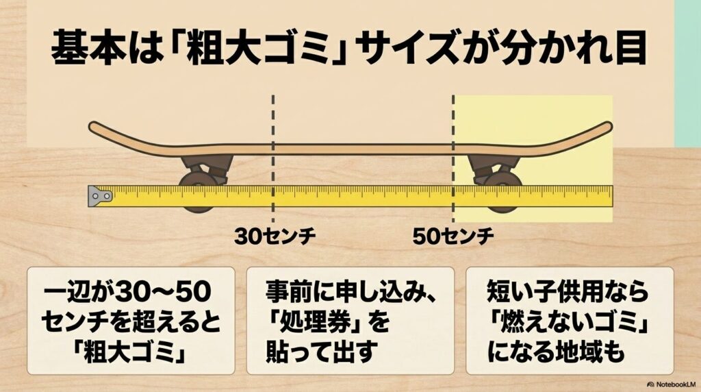 スケボーのサイズによるゴミ分別の基準と、粗大ゴミとして出す際の手続きを解説するスライド。