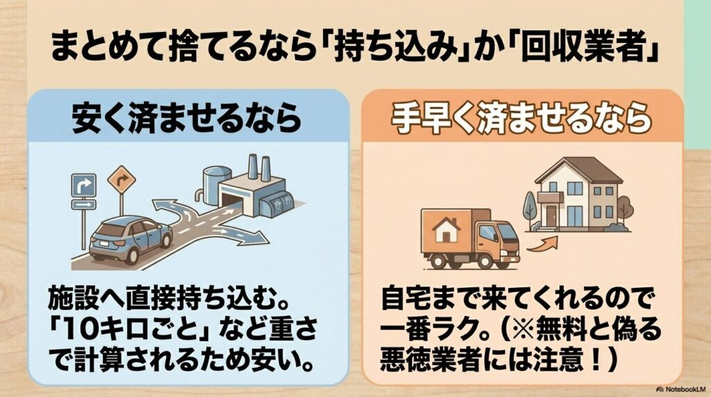大量処分の際に便利な、安く済む「直接持ち込み」と手早く済む「回収業者」の比較。