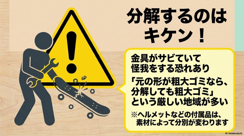 怪我のリスクやゴミ区分のルールに基づき、スケボーを分解して捨てる際の注意点を促すスライド。