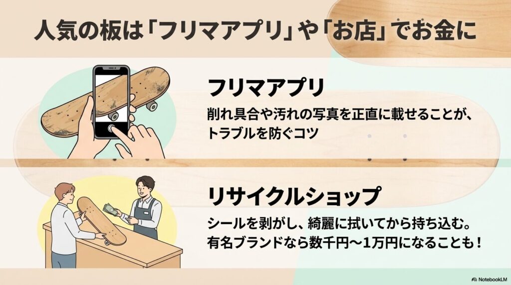 フリマアプリやリサイクルショップを利用して、スケボーをお金に換えるためのコツを紹介。