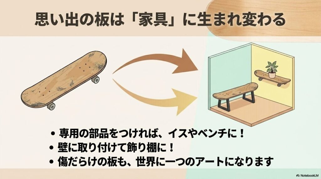 古くなったスケボーをベンチや棚、アート作品として再利用するアイデアを提案するスライド。