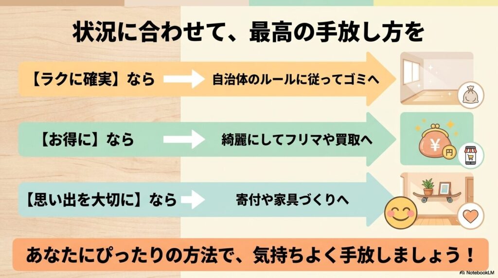 希望に合わせた最適な手放し方をまとめ、気持ちよく処分することを推奨するクロージングスライド。