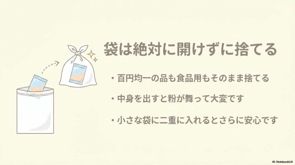 シリカゲルを捨てる際は中身が飛び散らないよう、袋を開けずにそのまま捨てる際の注意点を説明しています。