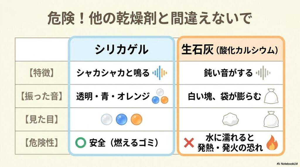 シリカゲルと水で発熱する生石灰の違いを、音・見た目・危険性の観点から比較表で解説しています。