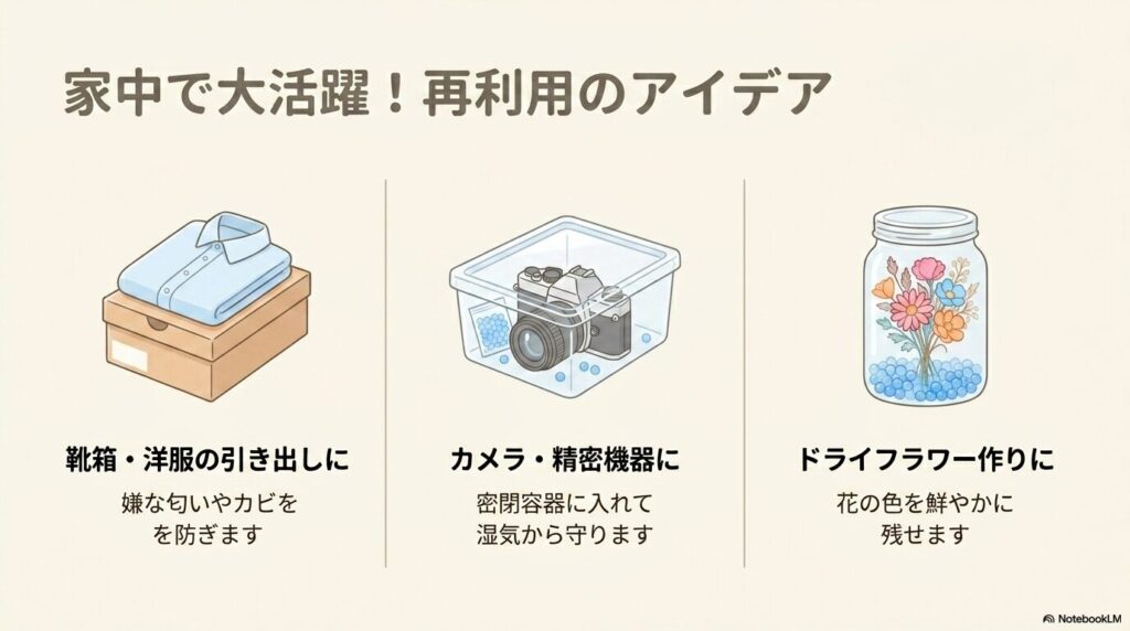 復活させたシリカゲルを靴箱、精密機器の保管、ドライフラワー作りなどに活用するアイデアを紹介しています。