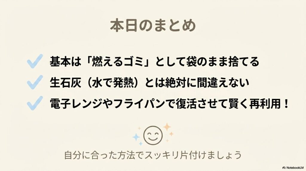 シリカゲルの捨て方の基本、生石灰との違い、再利用方法についてのまとめです。