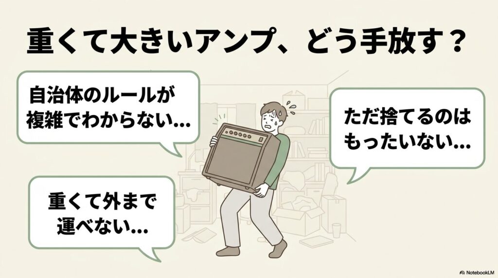 重くて大きいアンプの処分に関する悩み（ルールの複雑さ、もったいなさ、持ち運びの困難さ）を描いたスライド。