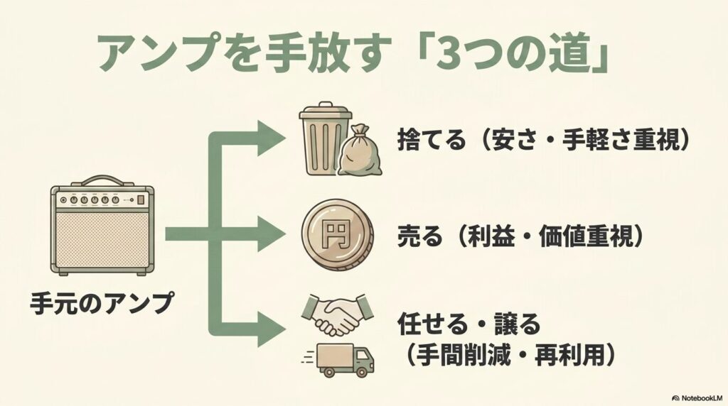 アンプを手放すための「捨てる」「売る」「任せる・譲る」という3つの選択肢を提示するスライド。